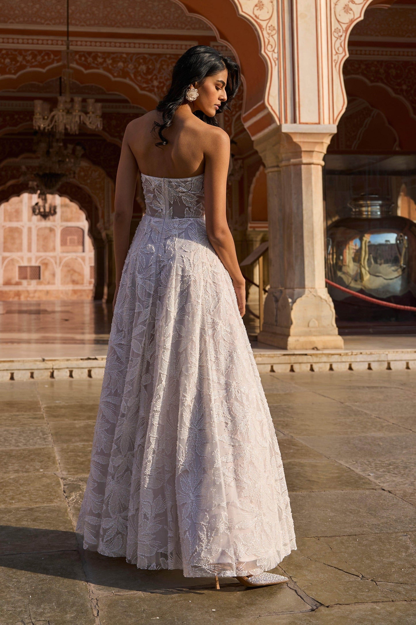 bead pearl work on dresses Cosmos weaving Jacquard with Pearl Beads Embroidered work Gown Purple / L