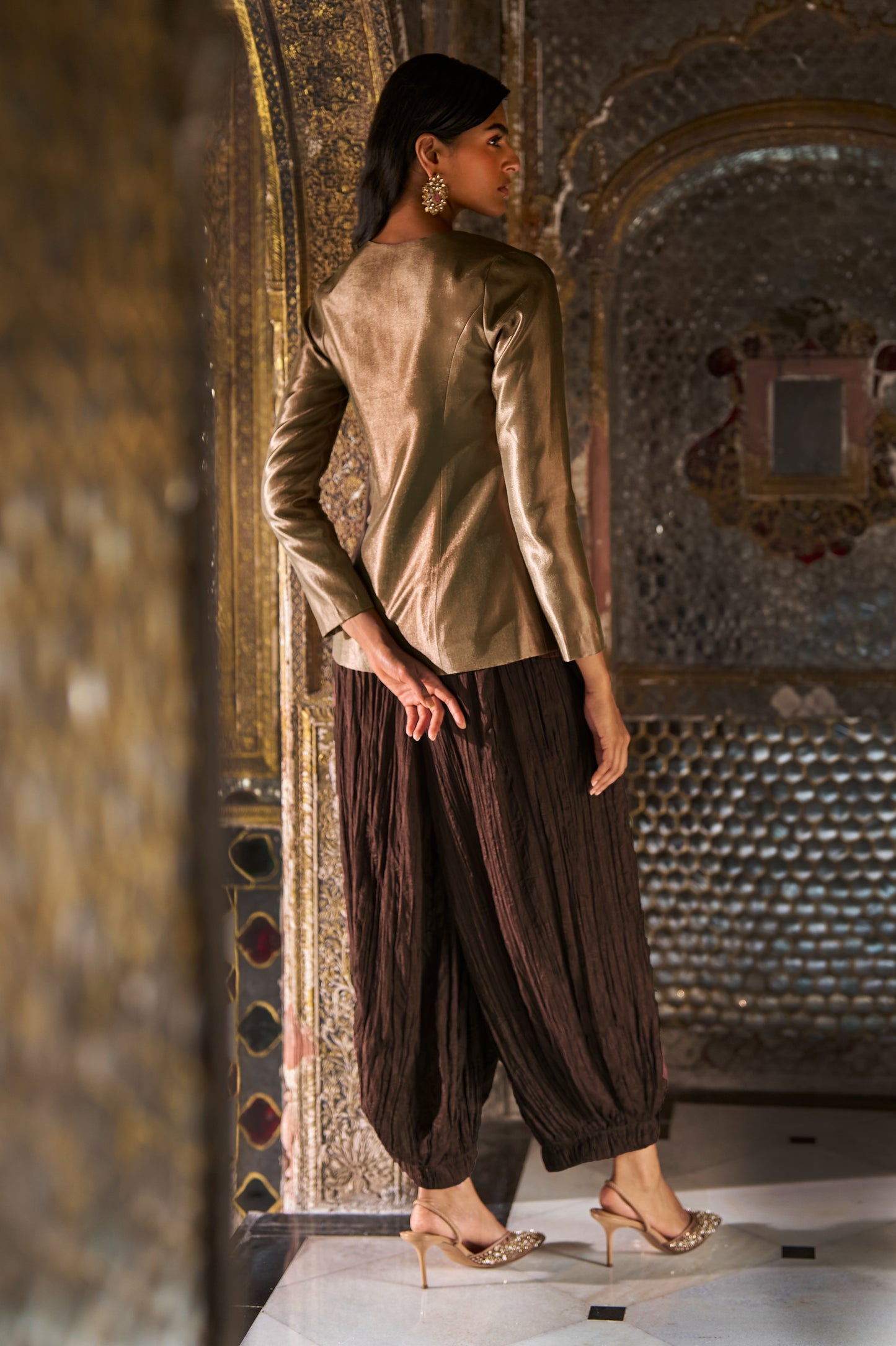 Caramel Brocade Peplum Top