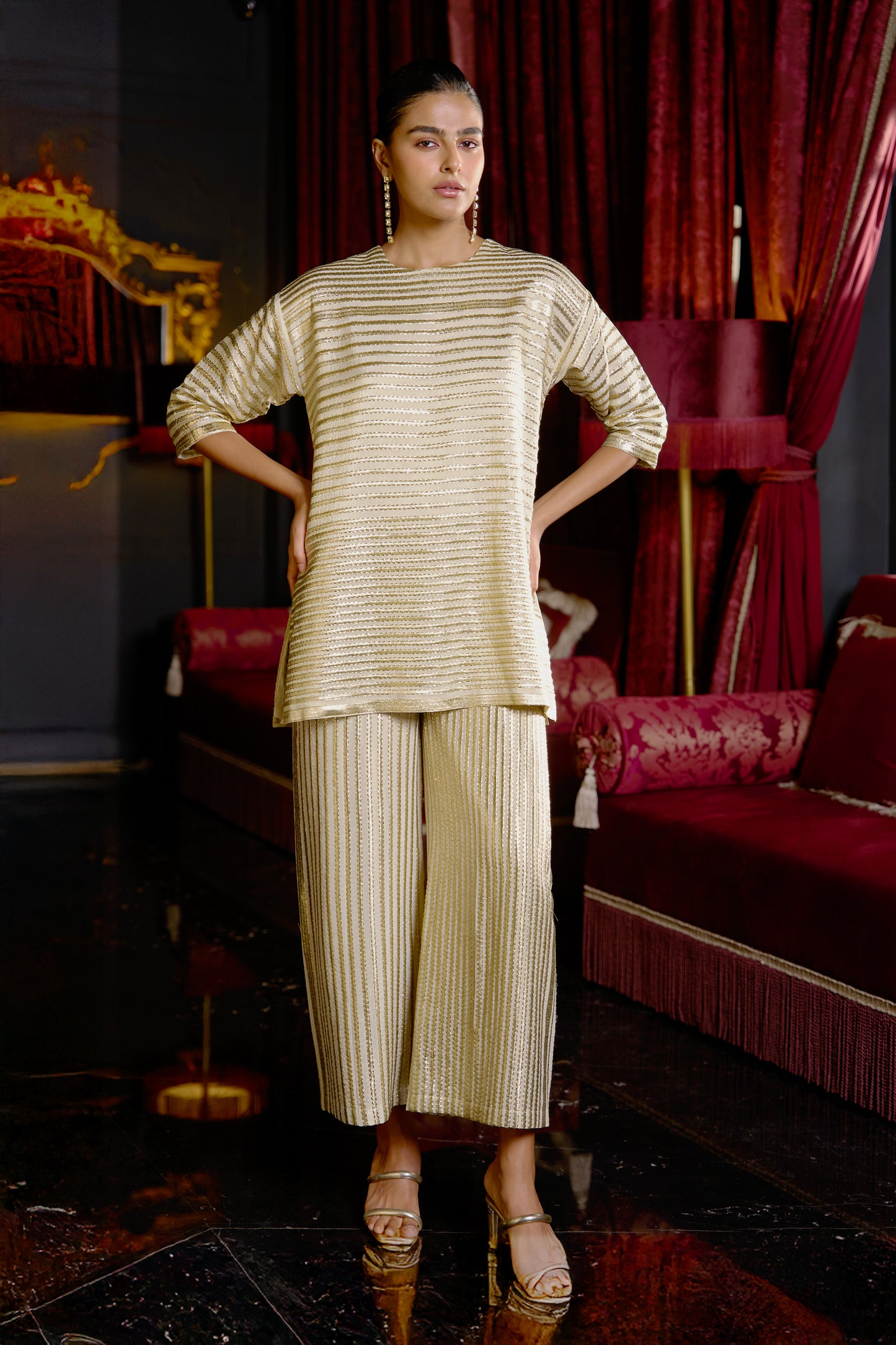 METALLIC STRIPE EMBROIDERED TOP