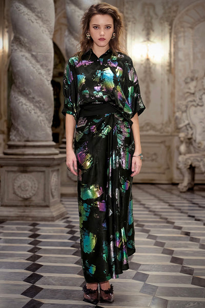 ABSTRACT PRINTED SHIRT AND DRAPE SKIRT