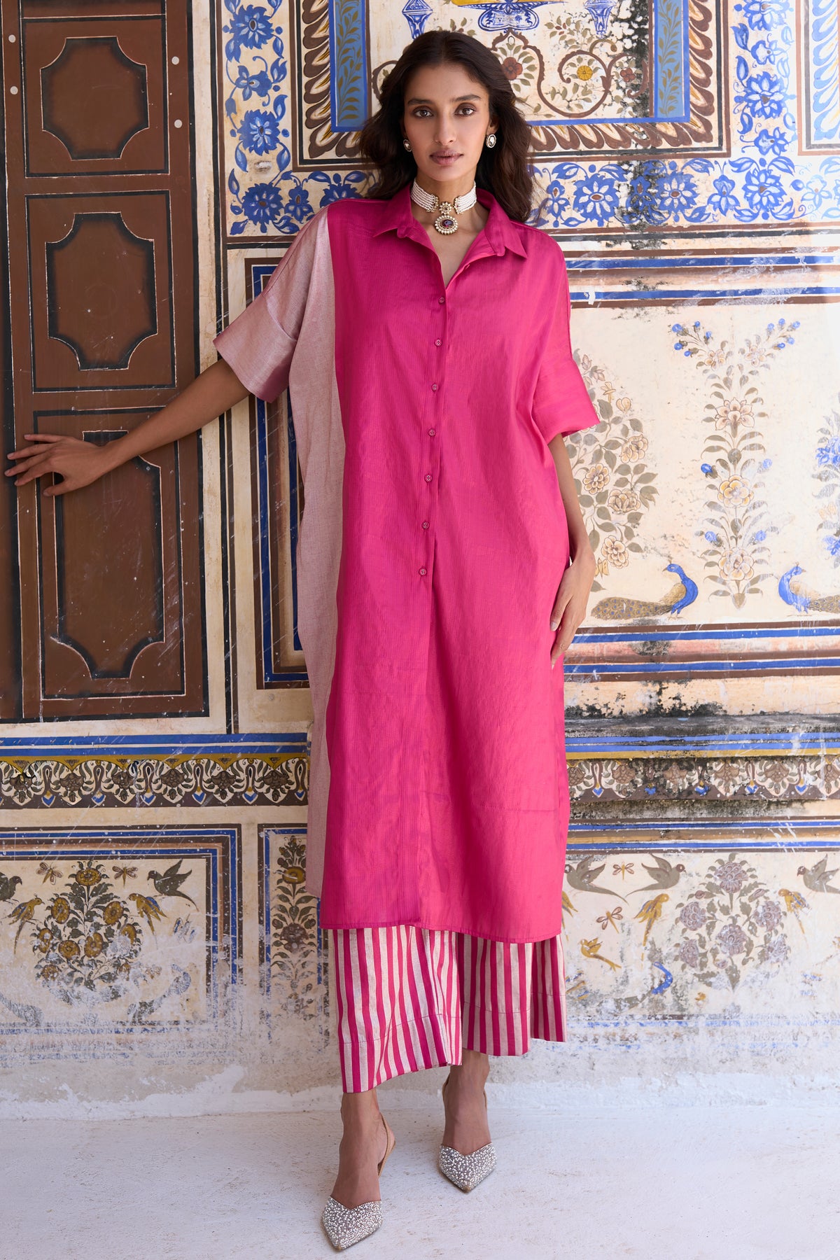 BENARES TISSUE COLOUR BLOCKED LONGLINE TOP