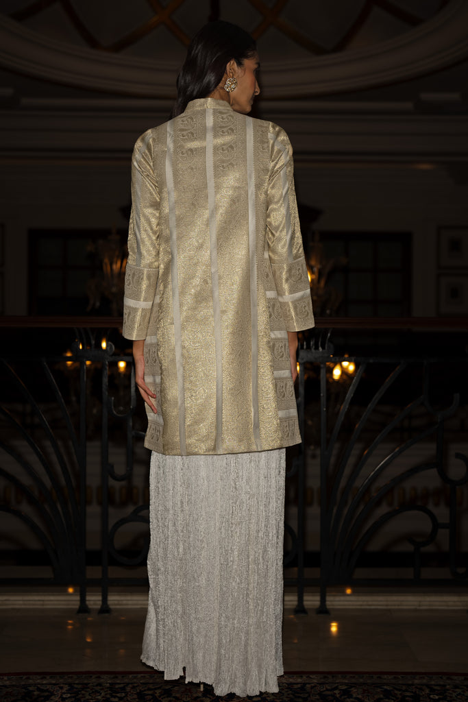 BENARES SILK BROCADE LONGLINE JACKET & CRUSHED CRINKLED MAXI SKIRT dash and dot