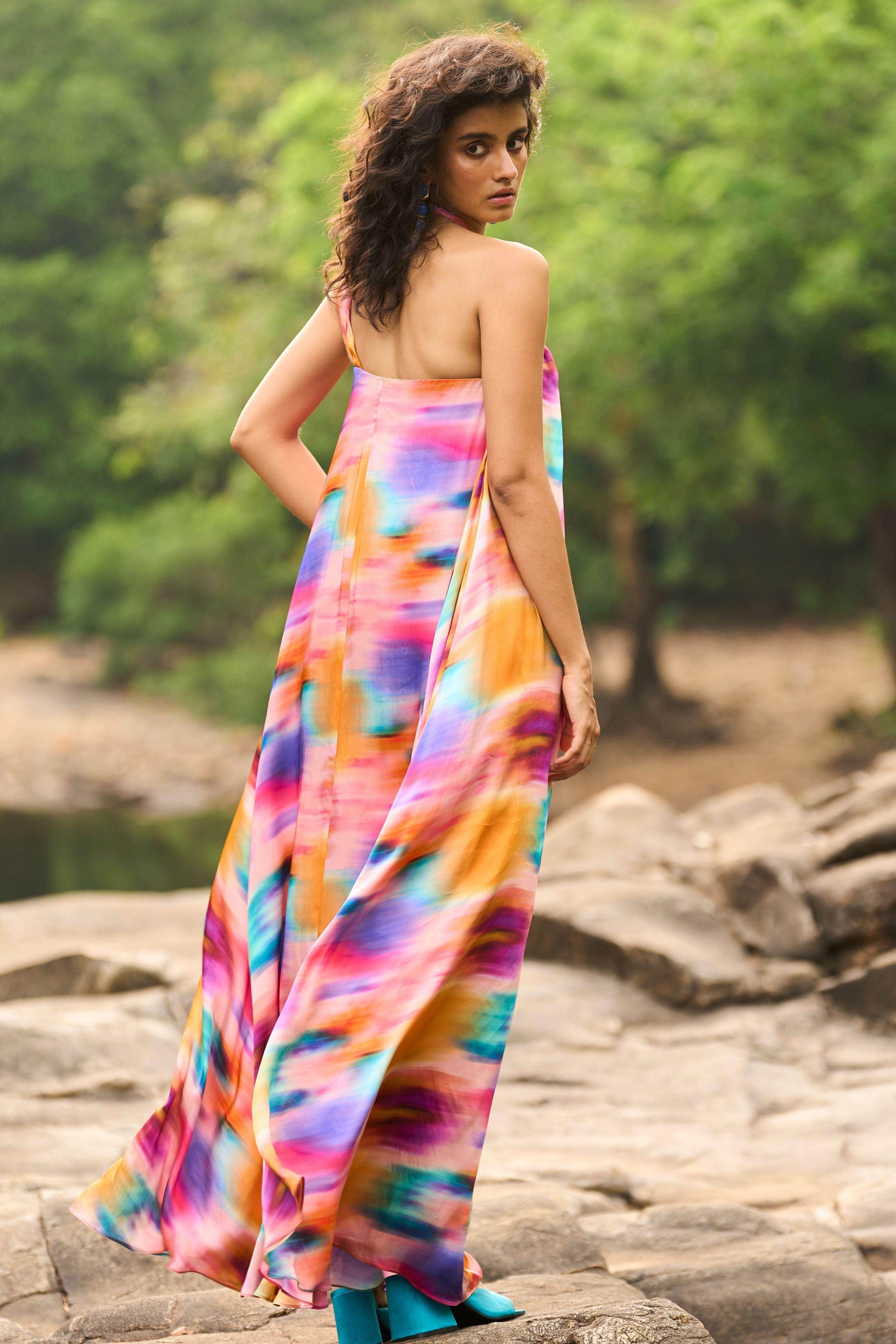 PRINTED HALTER FLARED DRESS - dash and dot