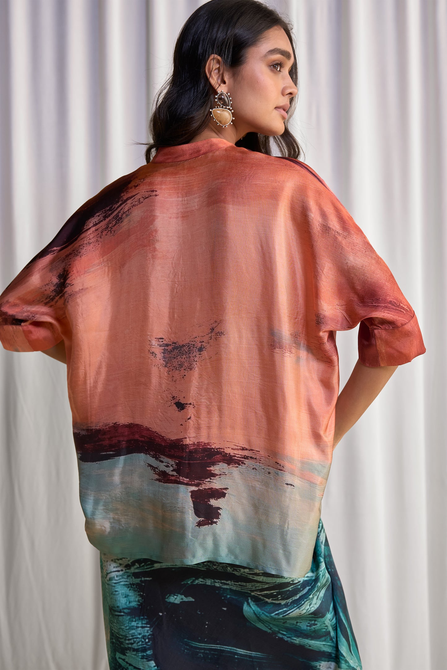 ABSTRACT BRUSHSTROKE PRINT BOXY SHIRT & DRAPED SKIRT