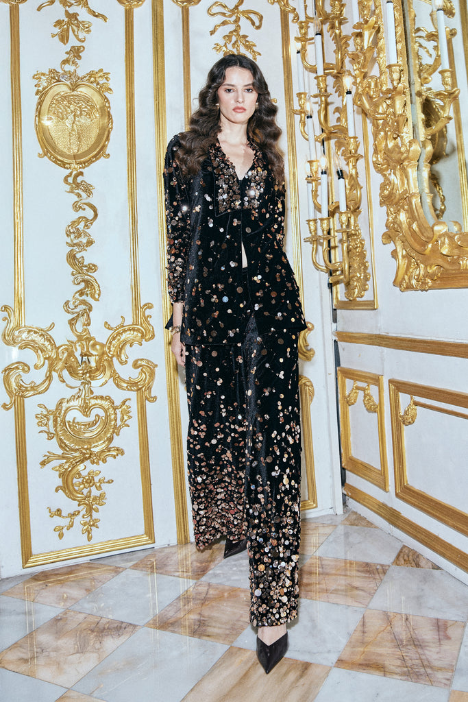 PAILLETTE EMBROIDERED VELVET PANT dash and dot