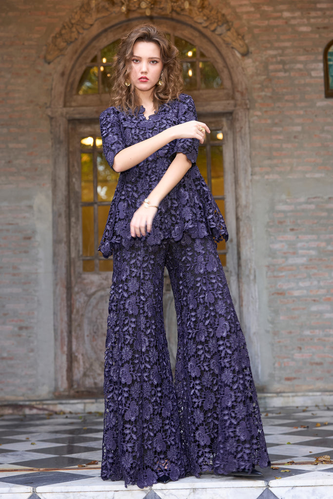 EMBROIDERED LACE PEPLUM TOP AND PANT SET dash and dot