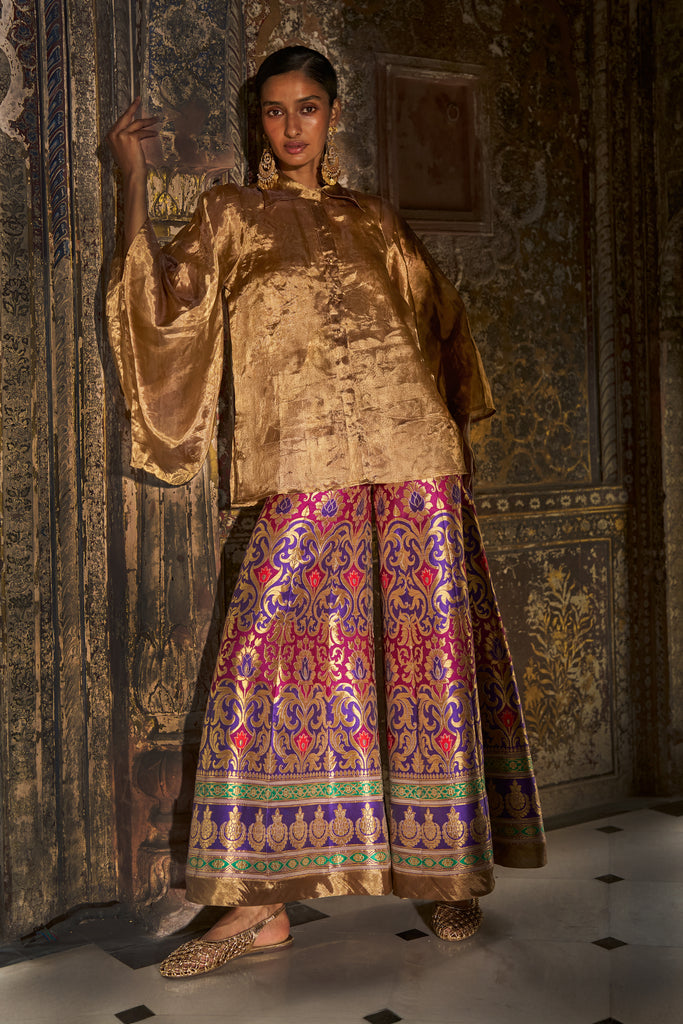 BENARES SILK TISSUE KIMONO SLEEVE SHIRT AND BENARES SILK BROCADE PANT dash and dot