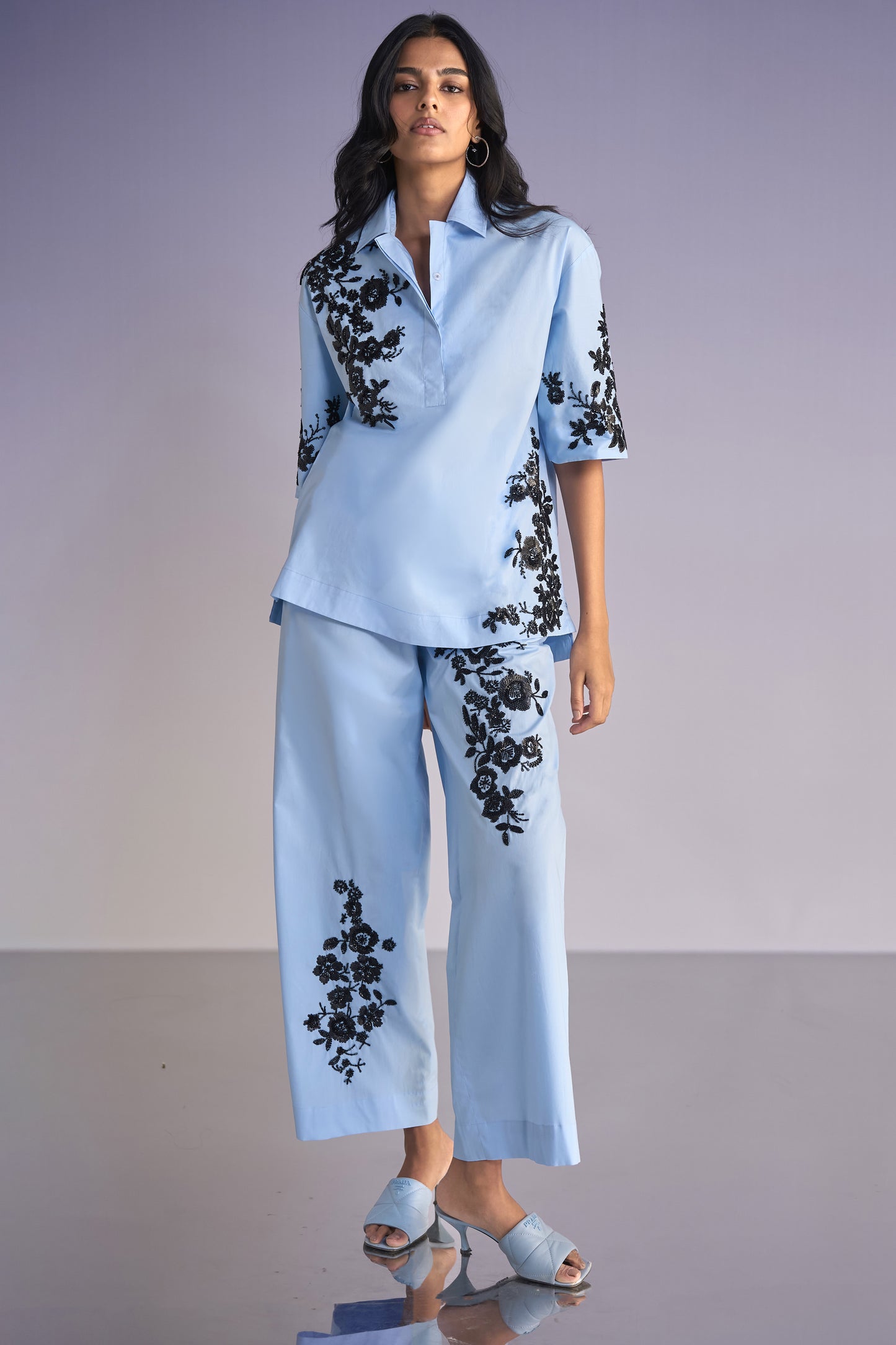 FLORAL BEAD EMBROIDERED SHIRT & PANT SET