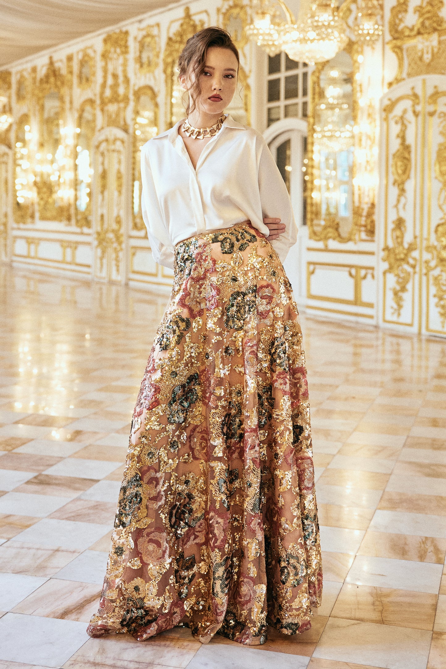 FLORAL SEQUIN MAXI SKIRT