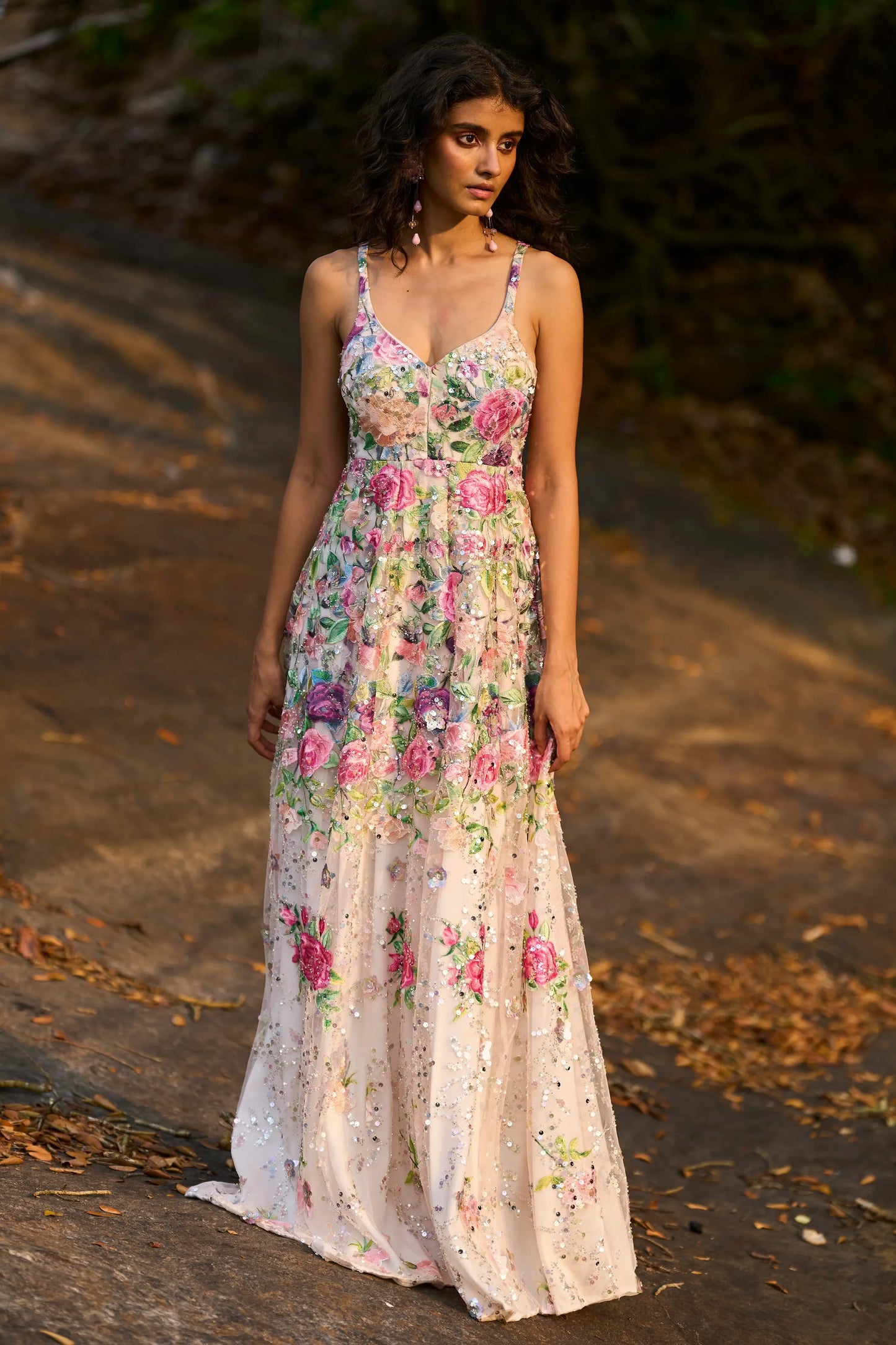 FLORAL SEQUIN MESH GOWN