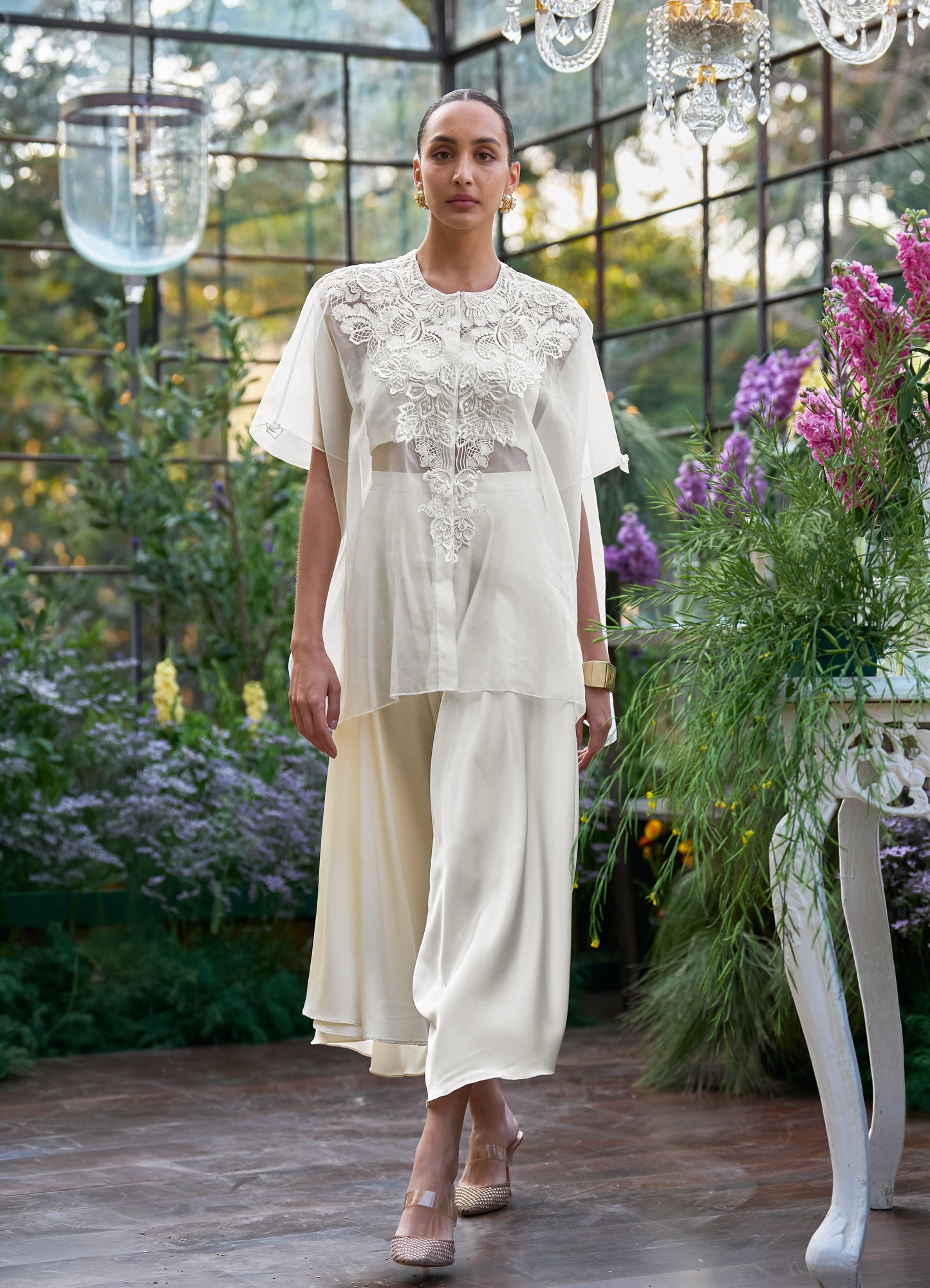 EMBROIDERED CAPE & BRALETTE WITH DRAPED CULOTTES