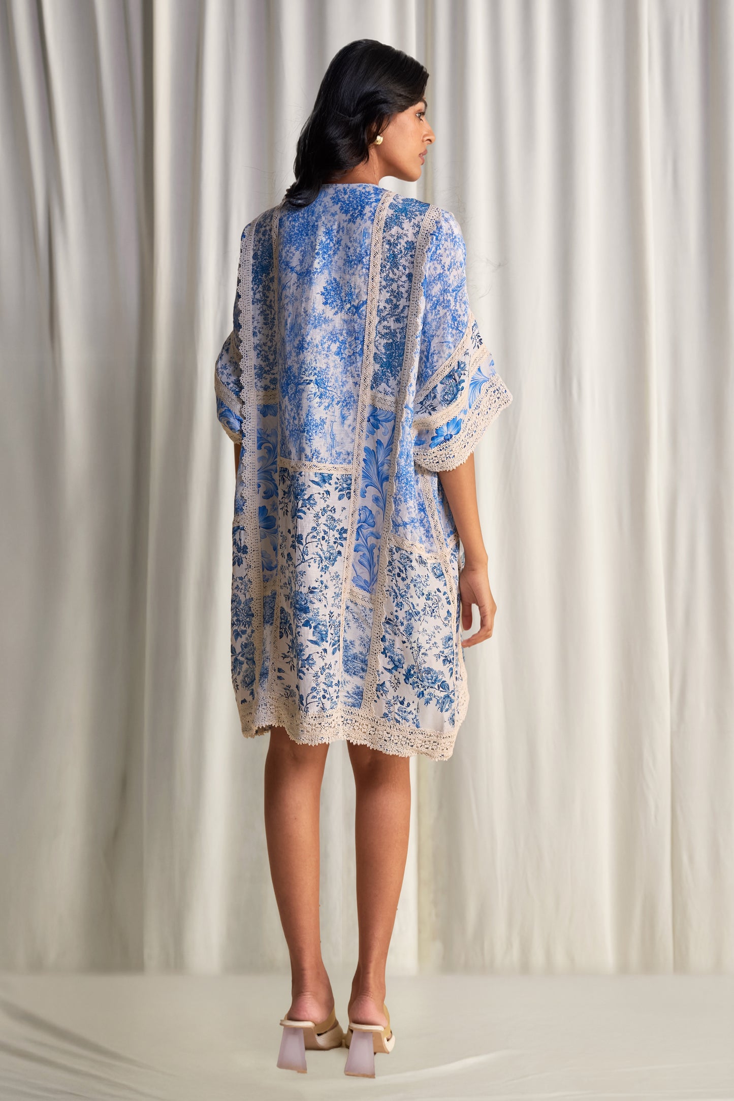 SILK-LINEN PORCELAIN PRINT PATCHWORK DRESS