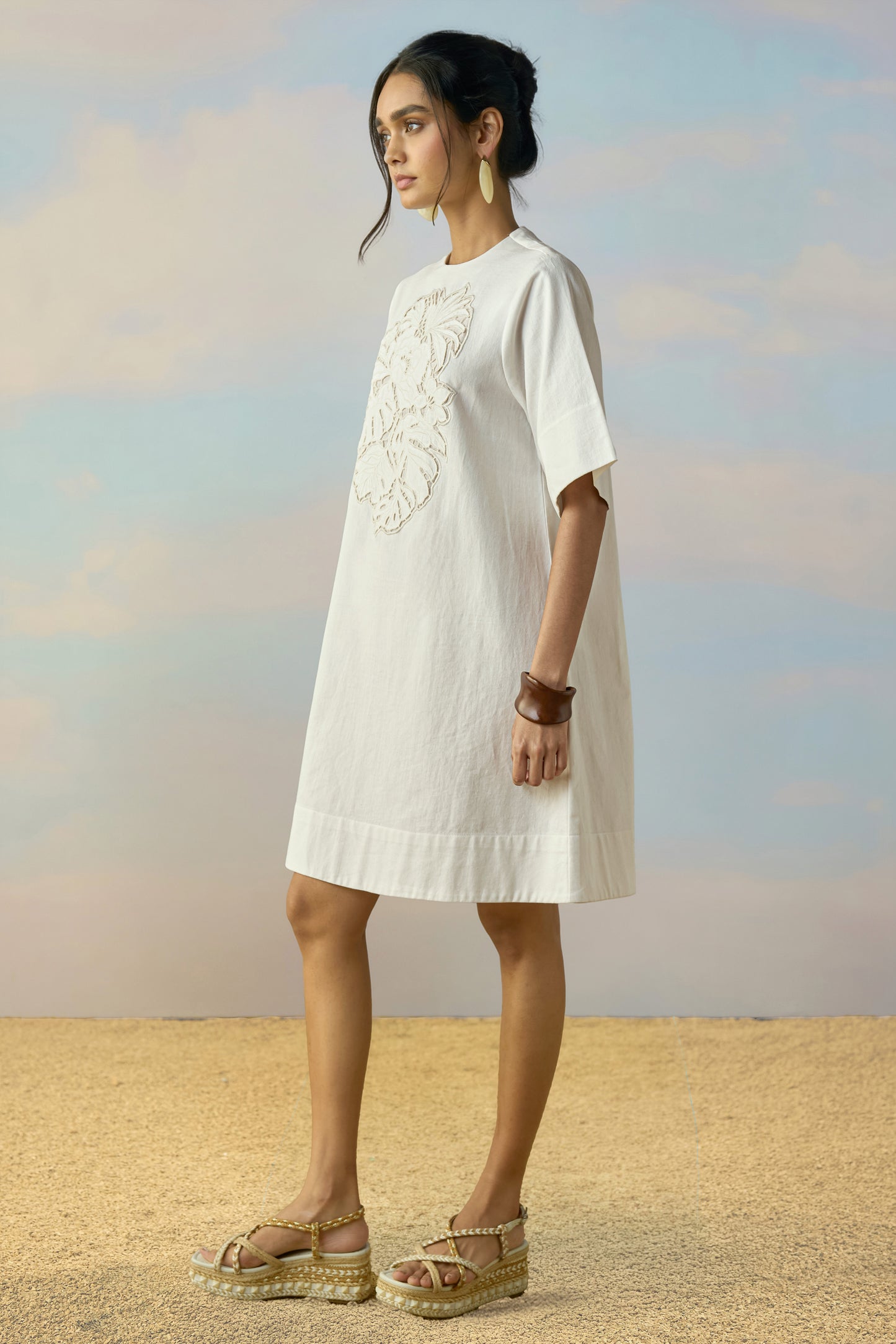 CUTWORK EMBROIDERED DENIM DRESS