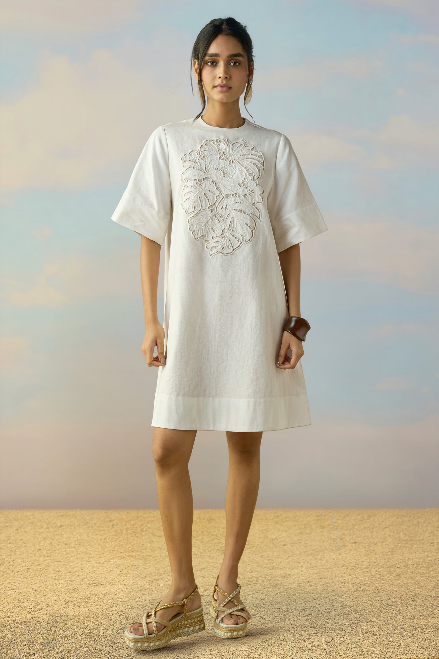CUTWORK EMBROIDERED DENIM DRESS