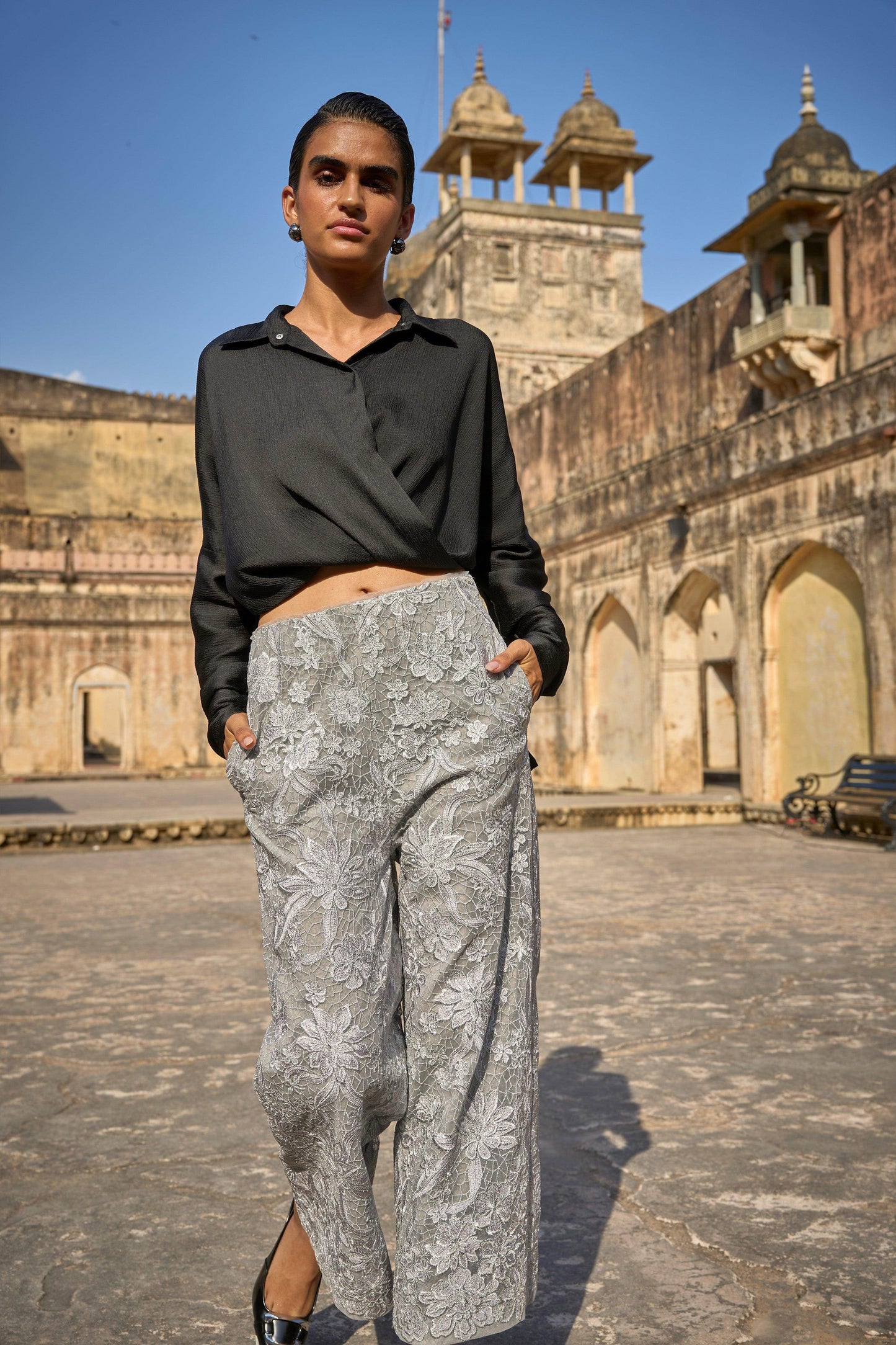 DRAPED SHIRT & METALLIC EMBROIDERED PANT - dash and dot