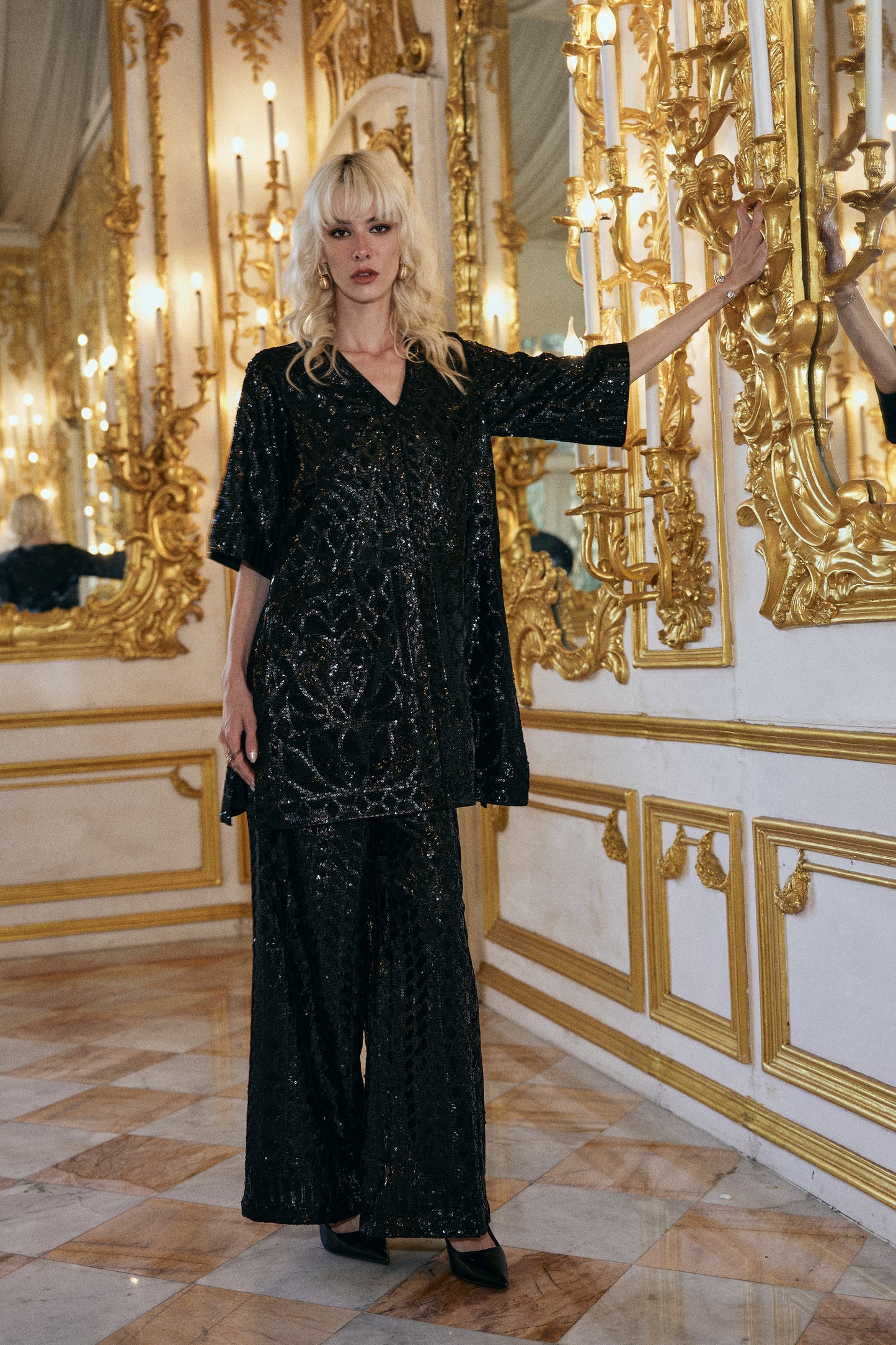 BLACK SEQUIN EMBROIDERED TOP