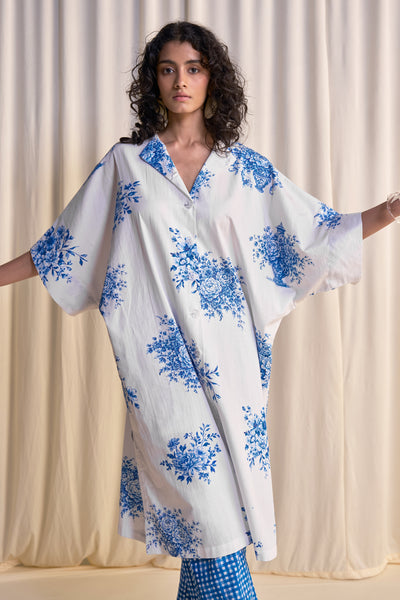 LINEN PORCELAIN PRINT MOTIF SHIRT & MADRAS CHECK PRINT PANT