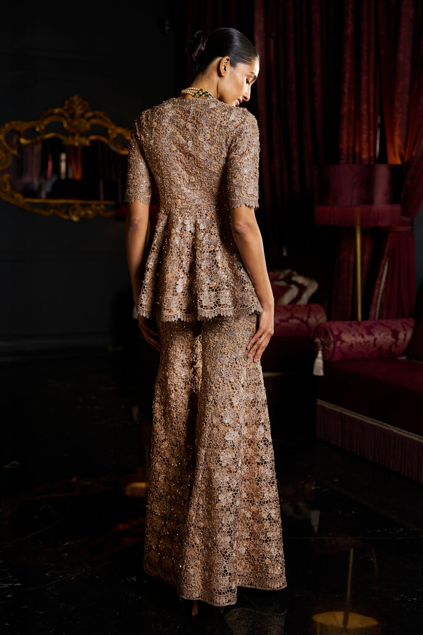 EMBROIDERED LACE FLARED PANT