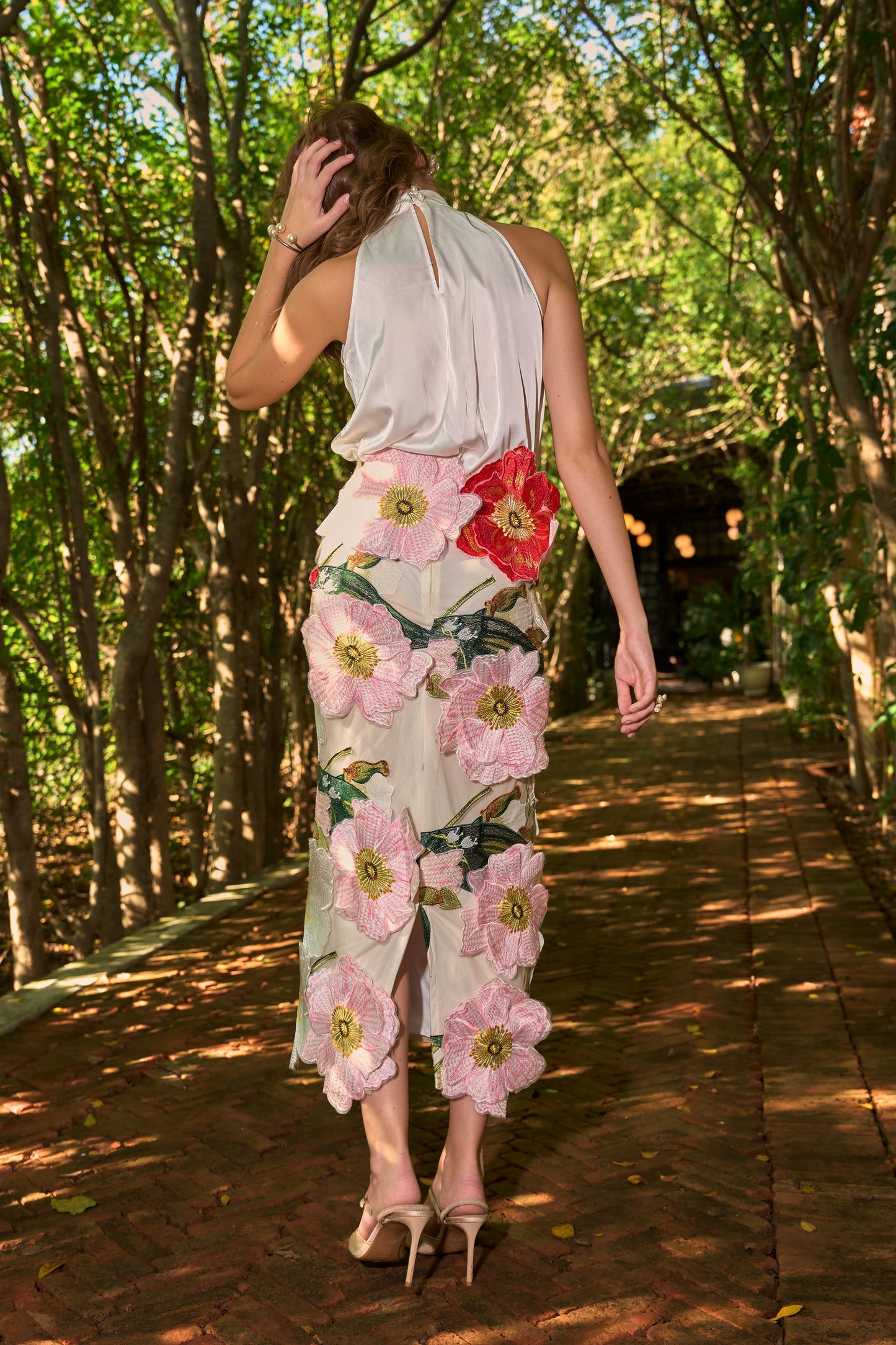 IVORY SATIN HALTER TOP & 3D FLORAL MIDI SKIRT