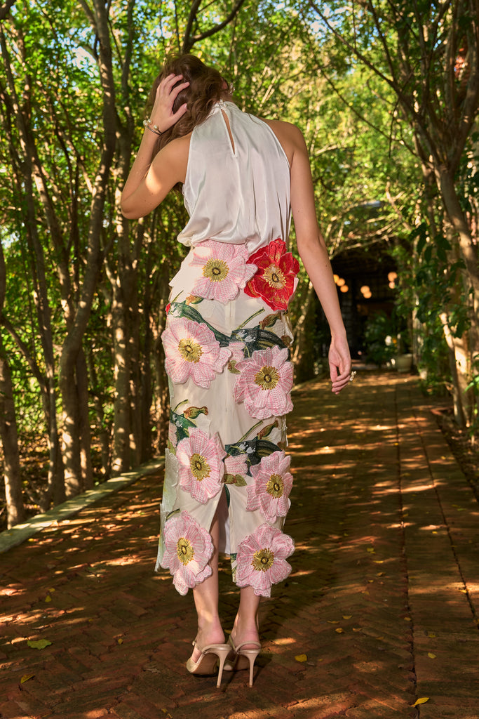 IVORY SATIN HALTER TOP & 3D FLORAL MIDI SKIRT dash and dot
