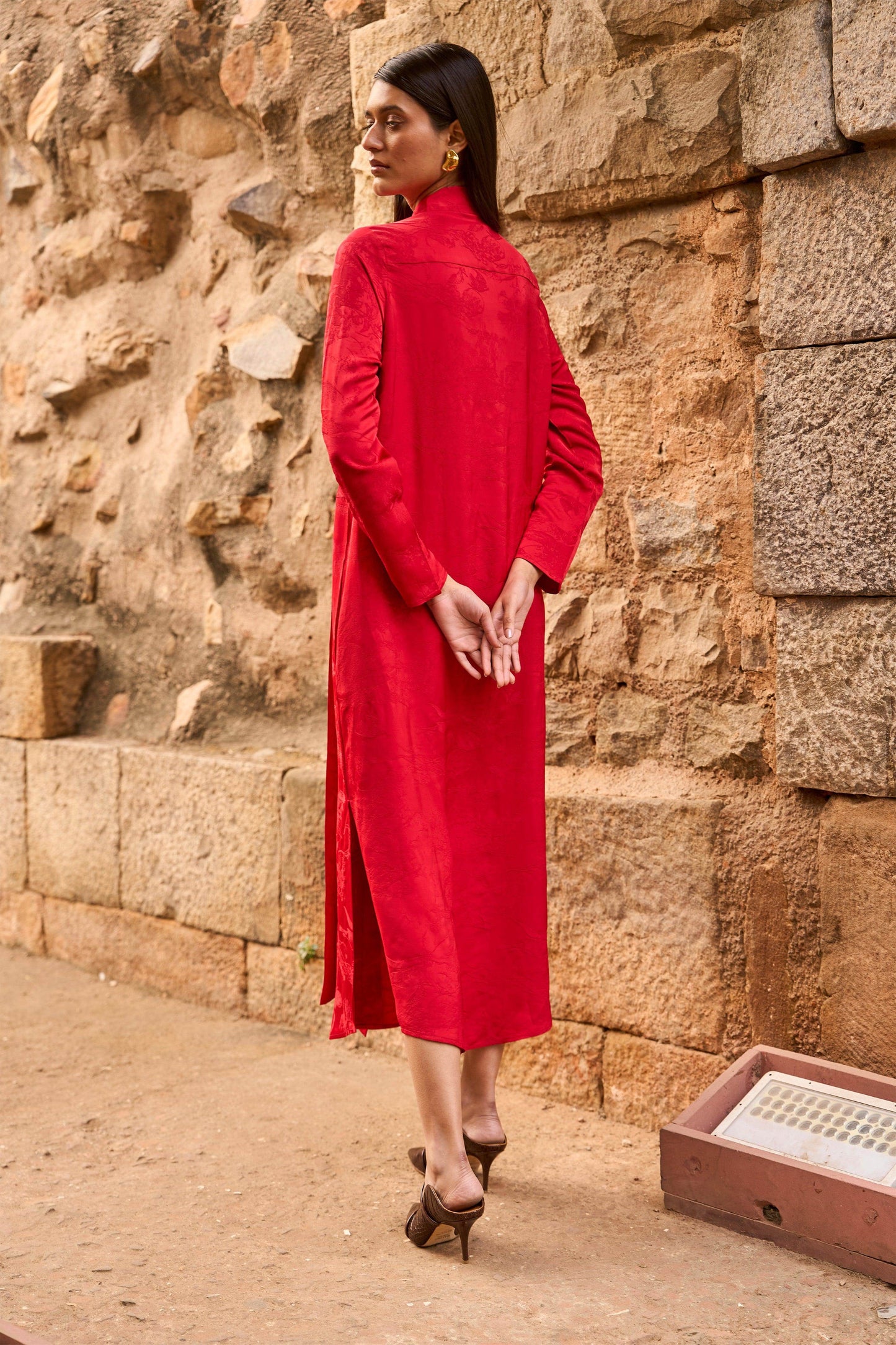 RED JACQUARD SHIRT DRESS - dash and dot