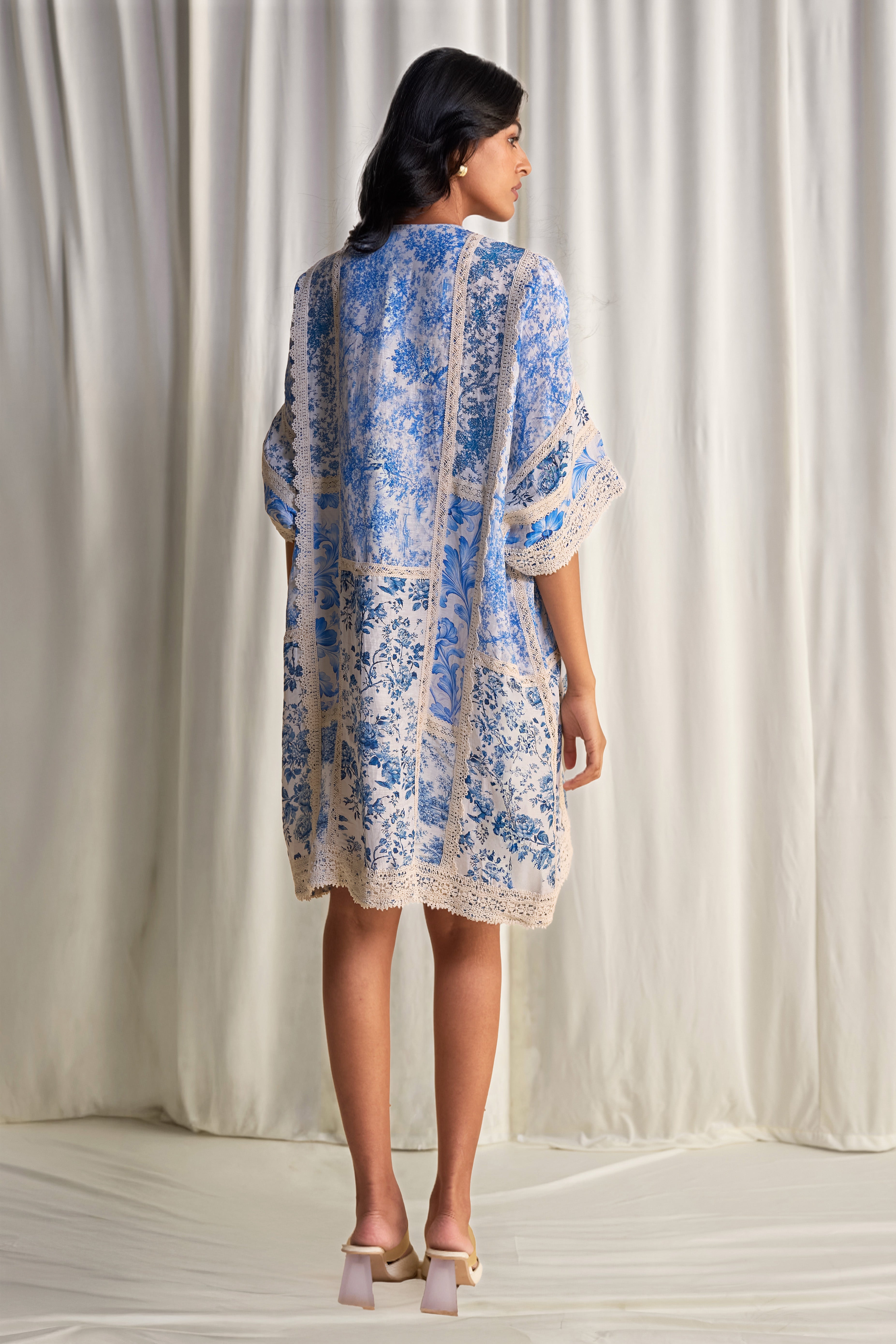 SILK-LINEN PORCELAIN PRINT PATCHWORK DRESS S