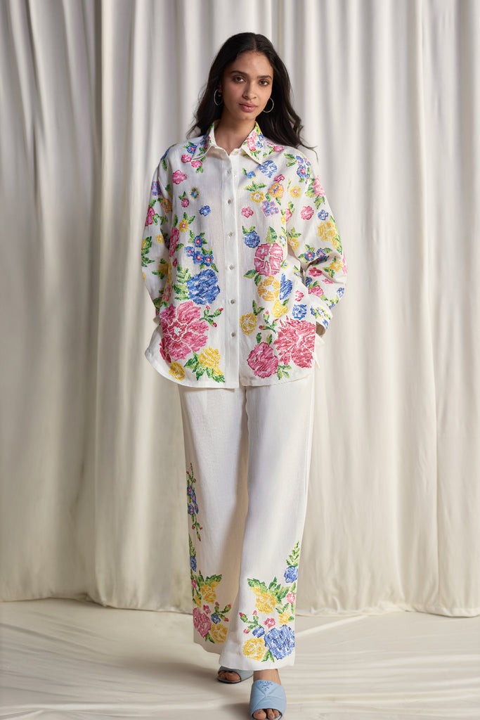 LINEN FLORAL CROSS-STITCH EMBROIDERED PANT dash and dot