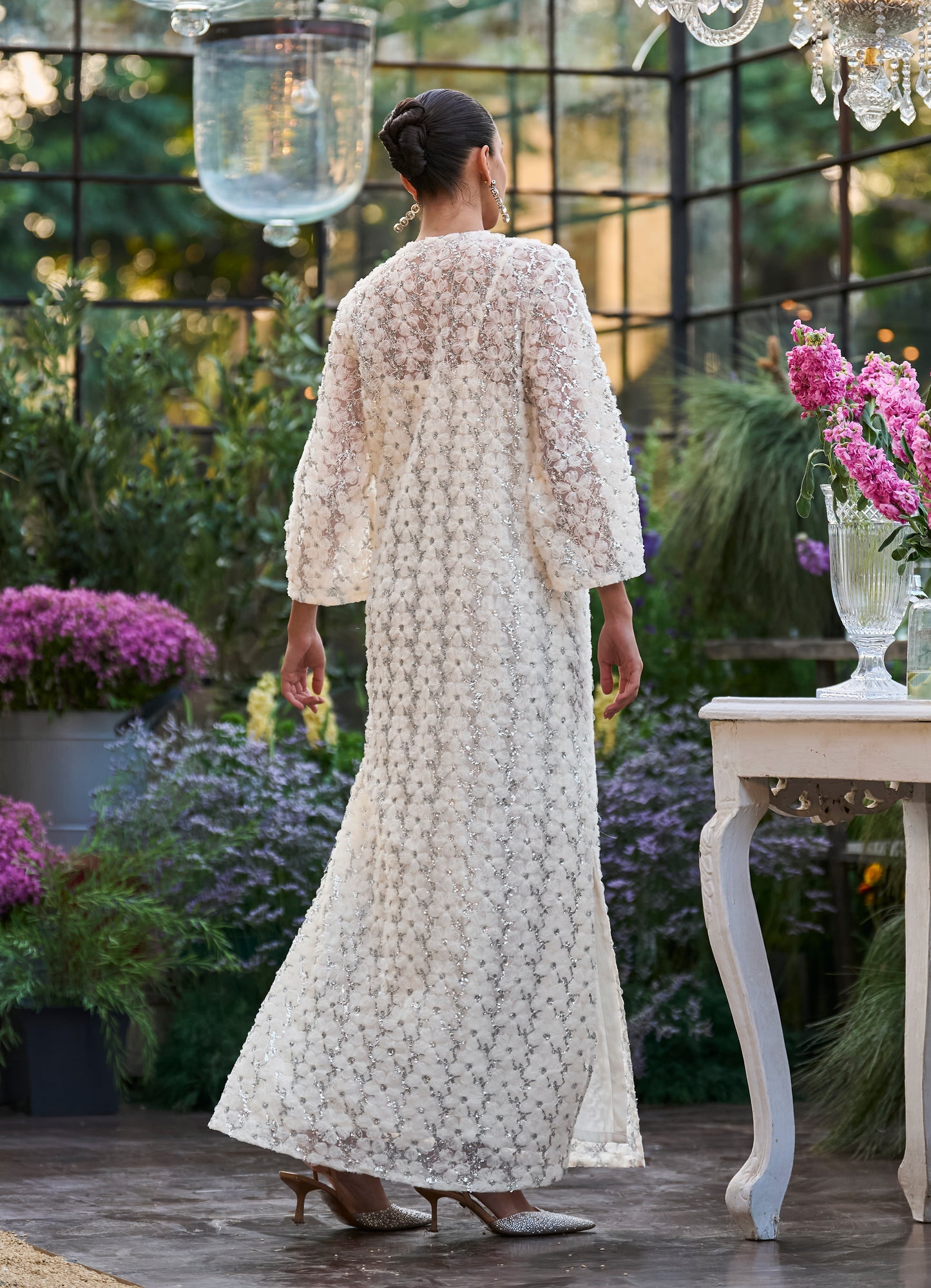 FLORAL RIBBON & SEQUIN EMBROIDERED KAFTAN DRESS