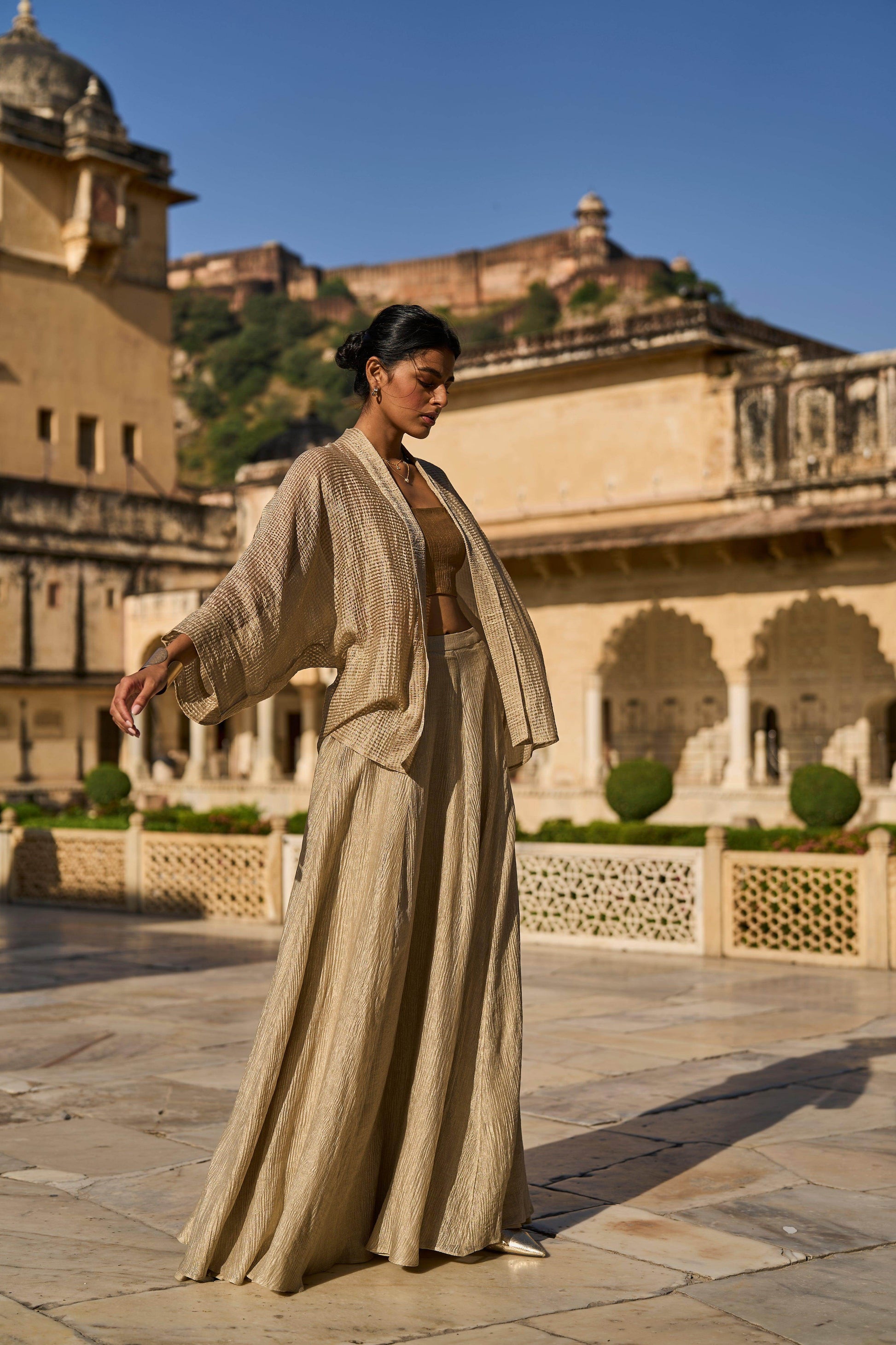 GOLD TISSUE BRALETTE, SHRUG AND SKIRT SET - dash and dot