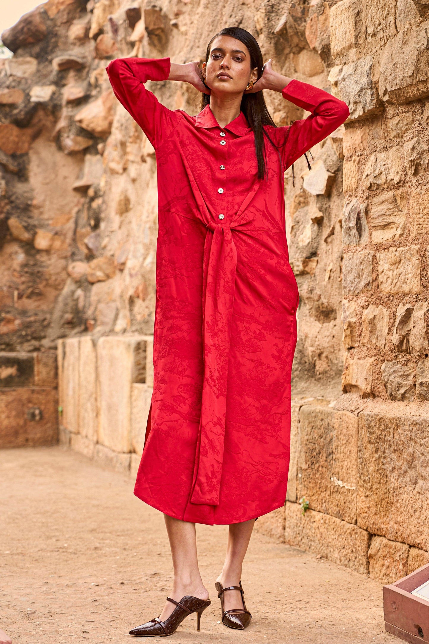 RED JACQUARD SHIRT DRESS - dash and dot