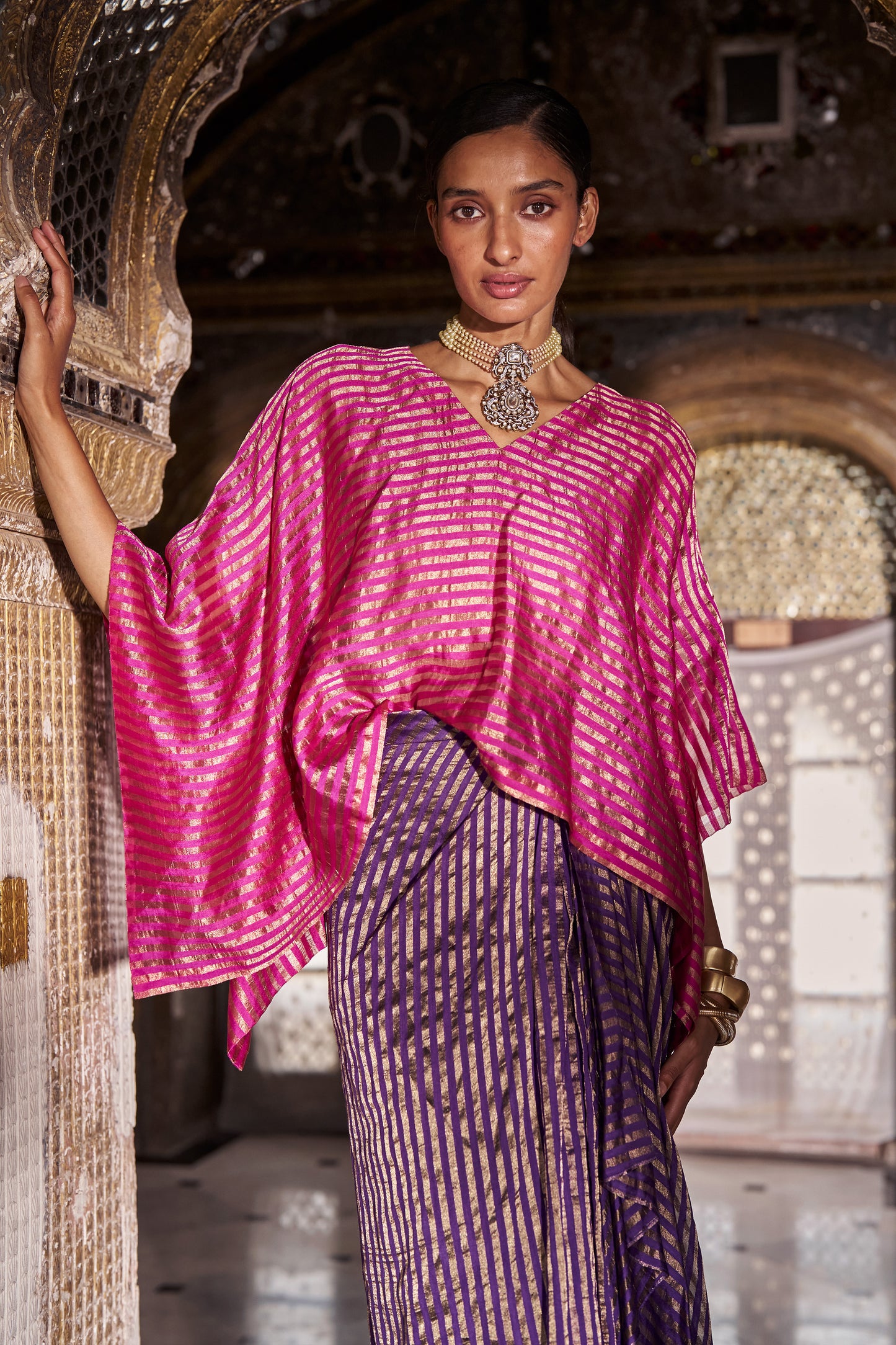 BENARES TISSUE STRIPE DRAPE SKIRT