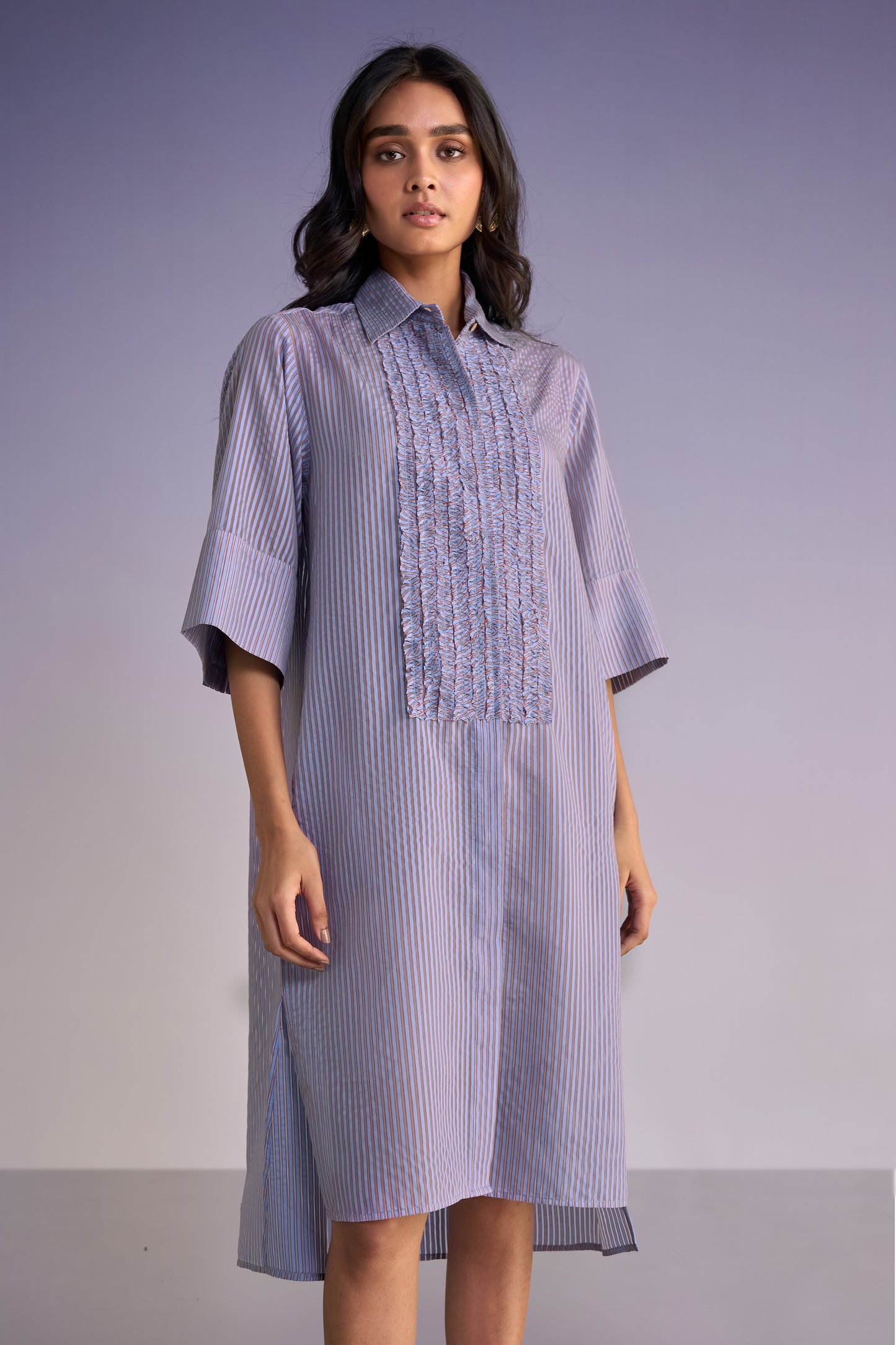 RUFFLED BIB ORGANZA STRIPE SHIRT DRESS