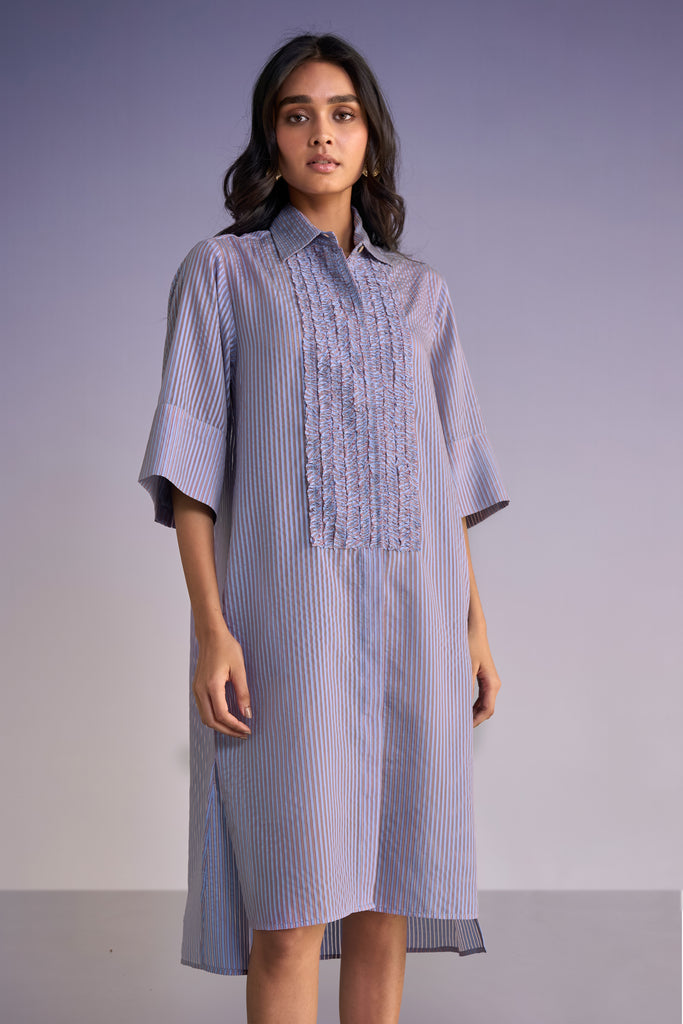 RUFFLED BIB ORGANZA STRIPE SHIRT DRESS dash and dot