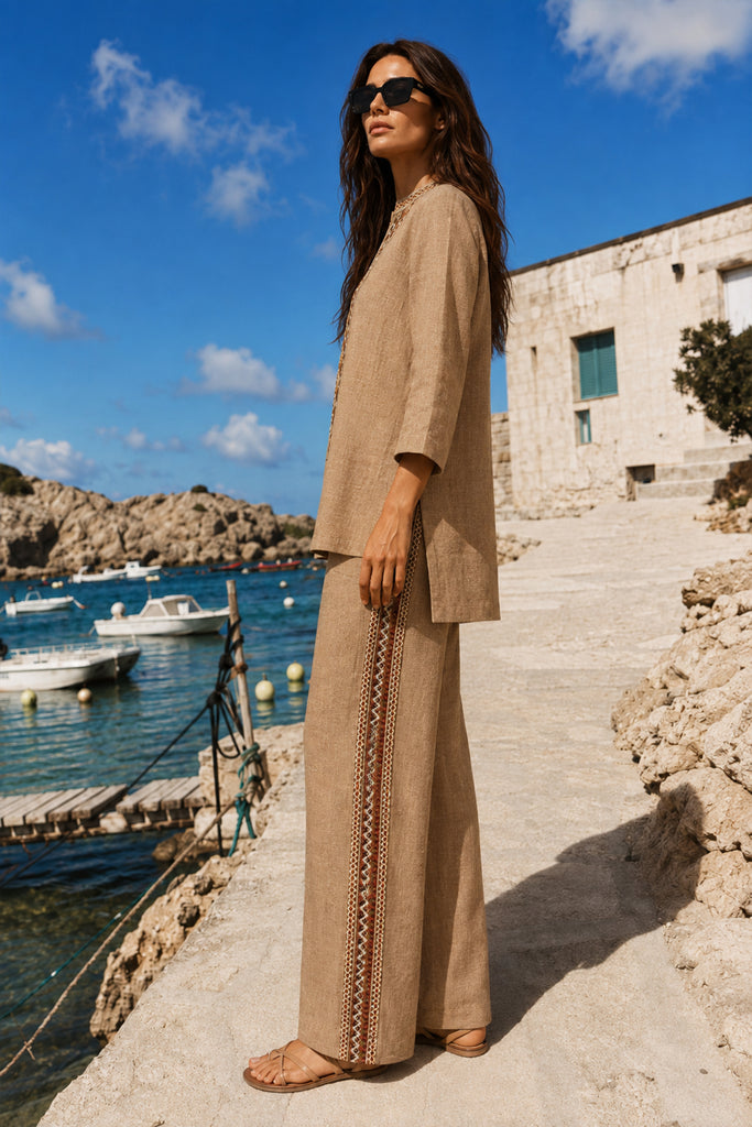 EMBROIDERED LINEN-TEXTURED LONGLINE TOP & WIDE-LEGGED PANT SET dash and dot