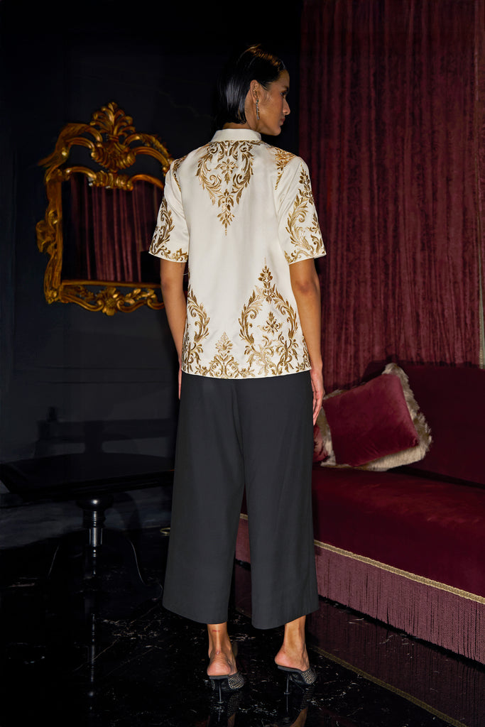 METALLIC EMBROIDERED SHIRT AND BLACK CULOTTE dash and dot