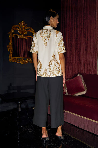 METALLIC EMBROIDERED SHIRT AND BLACK CULOTTE