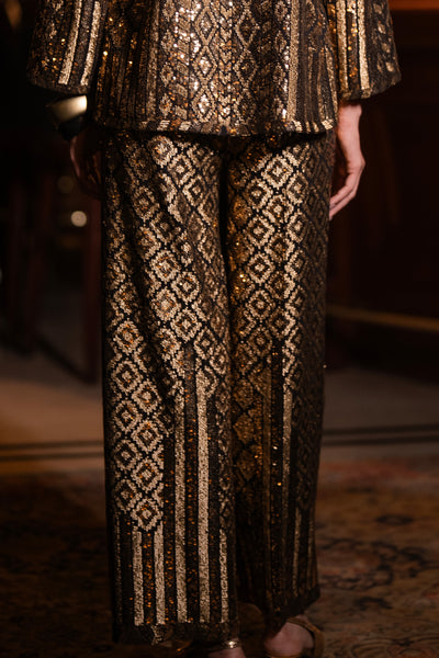 GEOMETRIC SEQUIN EMBROIDERED WIDE-LEGGED PANT