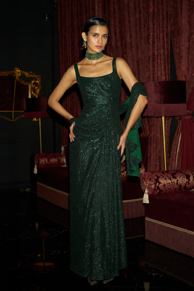EMERALD SEQUIN SARI DRAPE GOWN dash and dot
