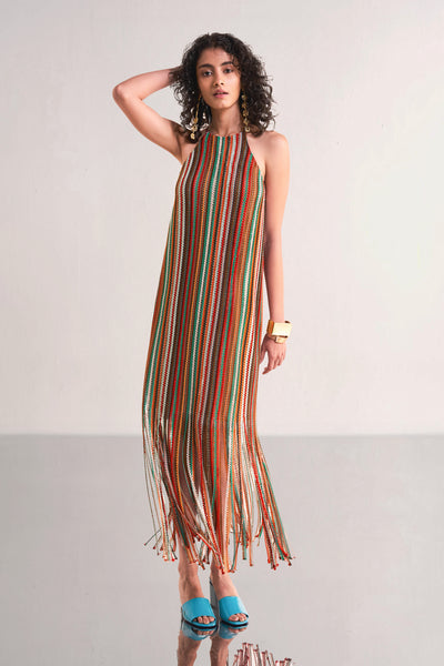 HALTER NECK FRINGE KNIT DRESS