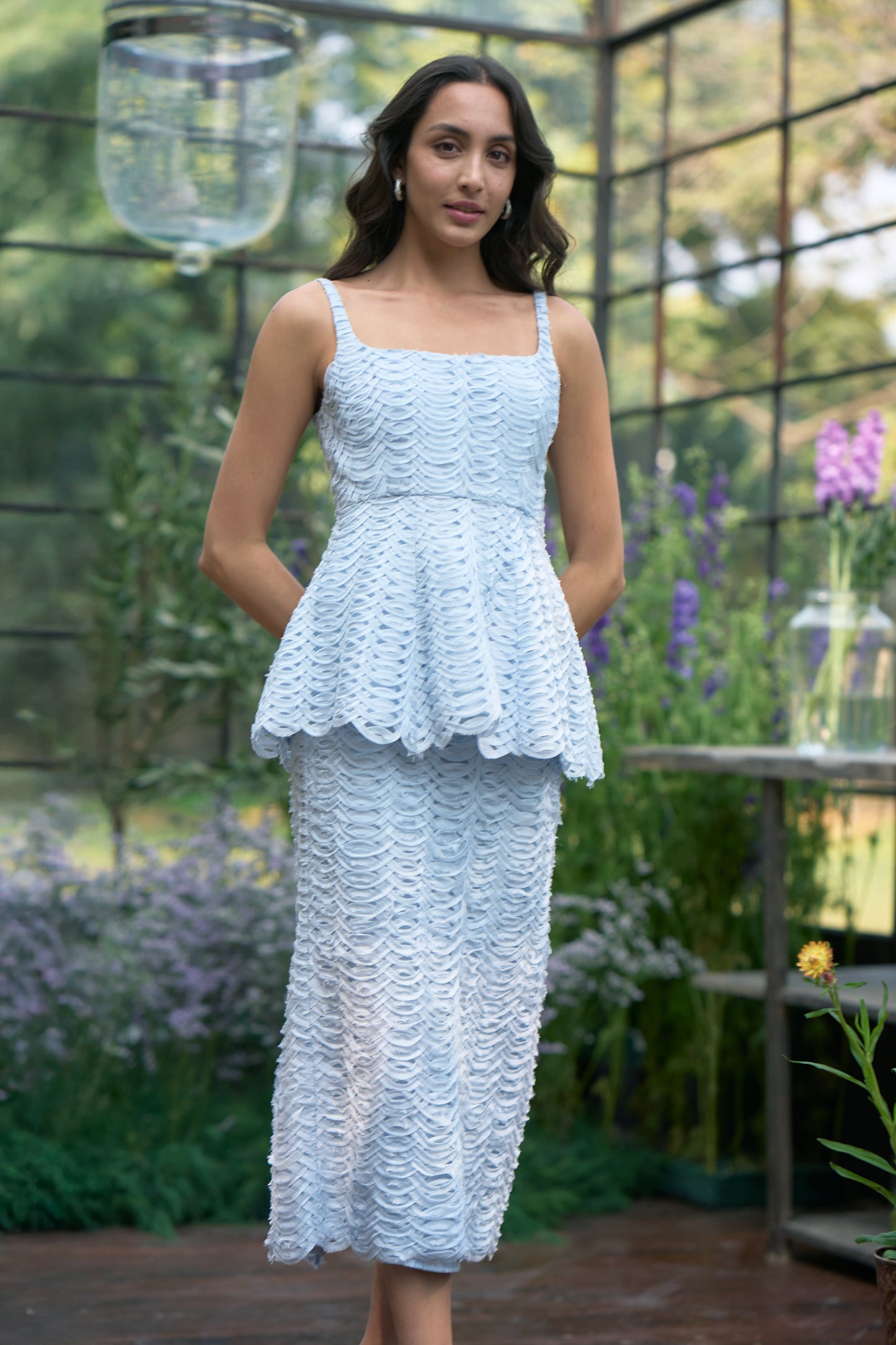 RIBBON EMBROIDERED PEPLUM TOP & MIDI SKIRT