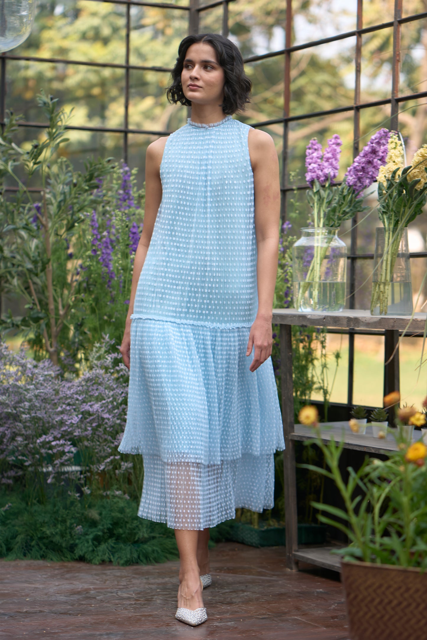 PLEATED POLKA DOT TIERED DRESS