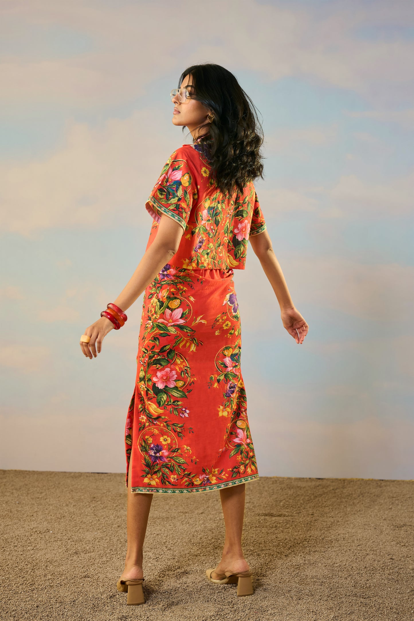 LINEN PLACED FLORAL PRINT SKIRT