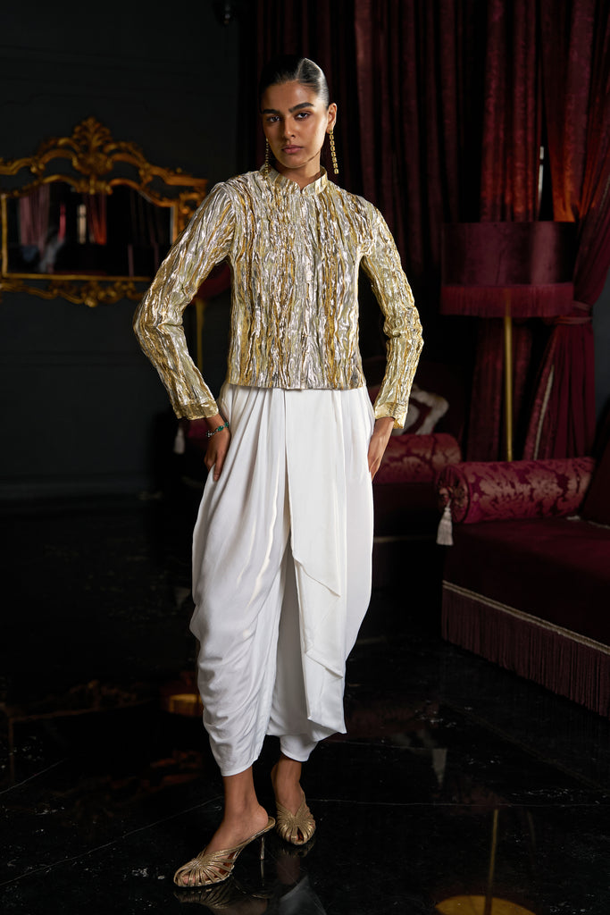 CRUSHED GOTA WEAVE BOLERO & IVORY COWL PANT dash and dot