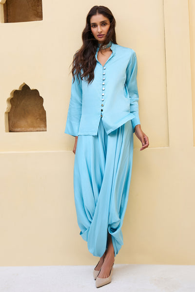 TEXTURED SATIN SHIRT & DRAPE COWL PANT