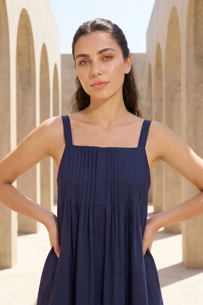 NAVY POPLIN MIDI dash and dot