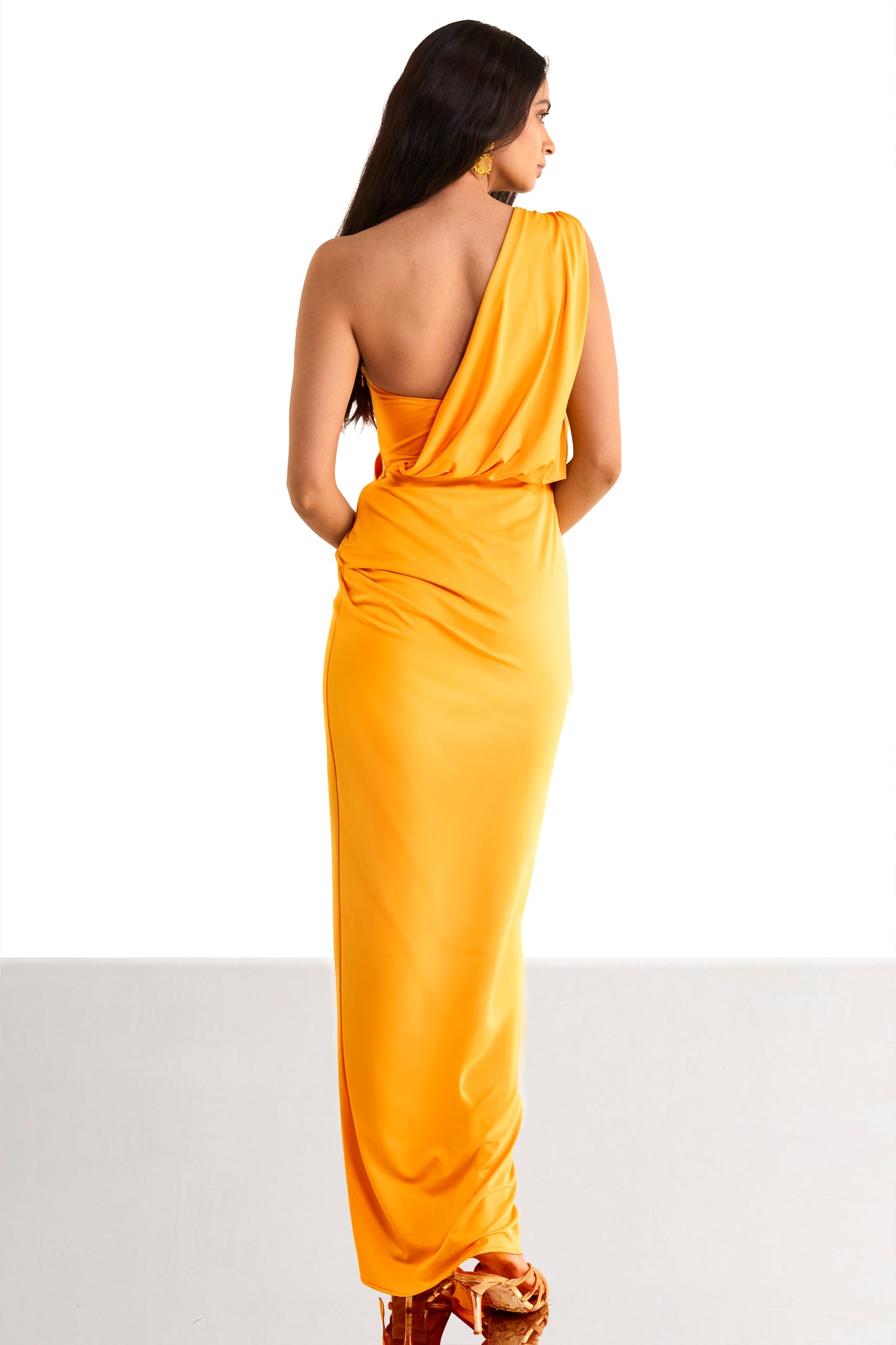 ONE SHOULDER DRAPED KNIT SARI GOWN