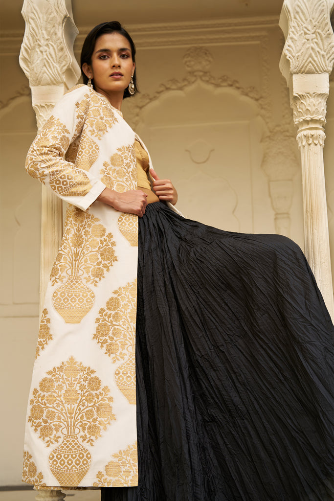 BENARES SILK BROCADE JACKET, TISSUE BRALETTE AND CRUSHED SKIRT dash and dot