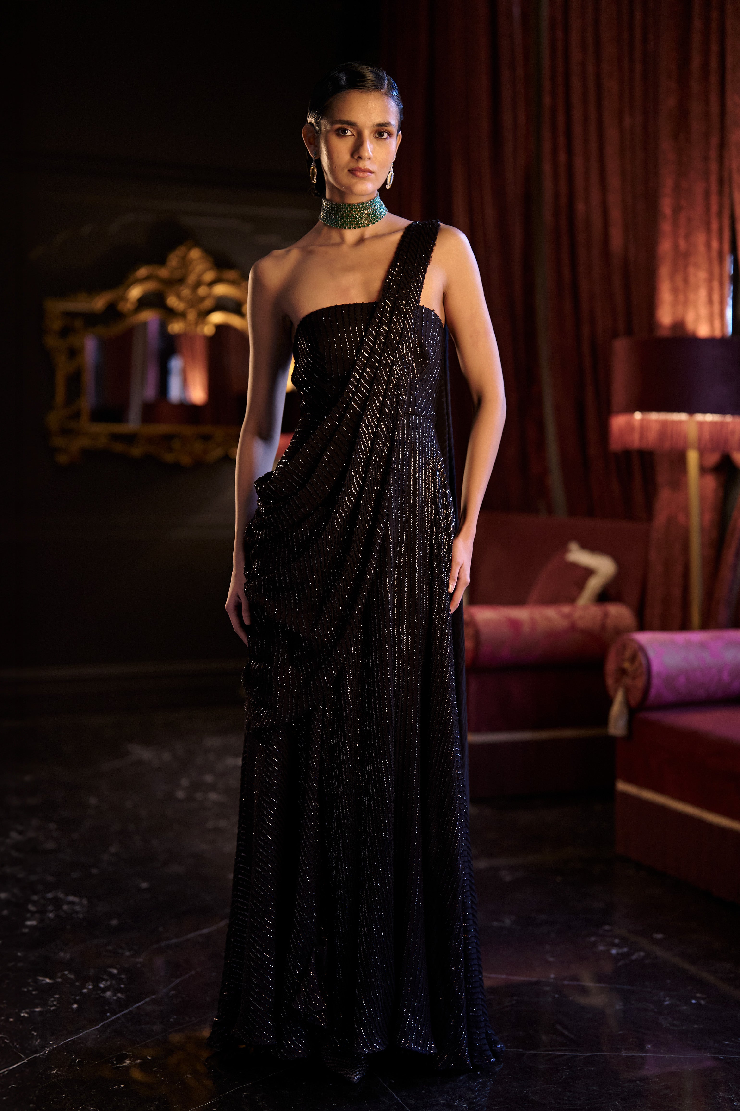 black sequin drape dress XXS / Black BLACK SEQUIN SARI DRAPE GOWN