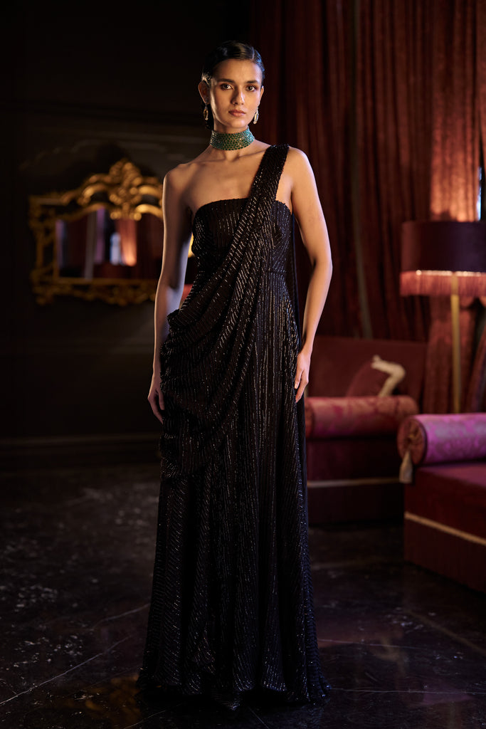 BLACK SEQUIN SARI DRAPE GOWN dash and dot