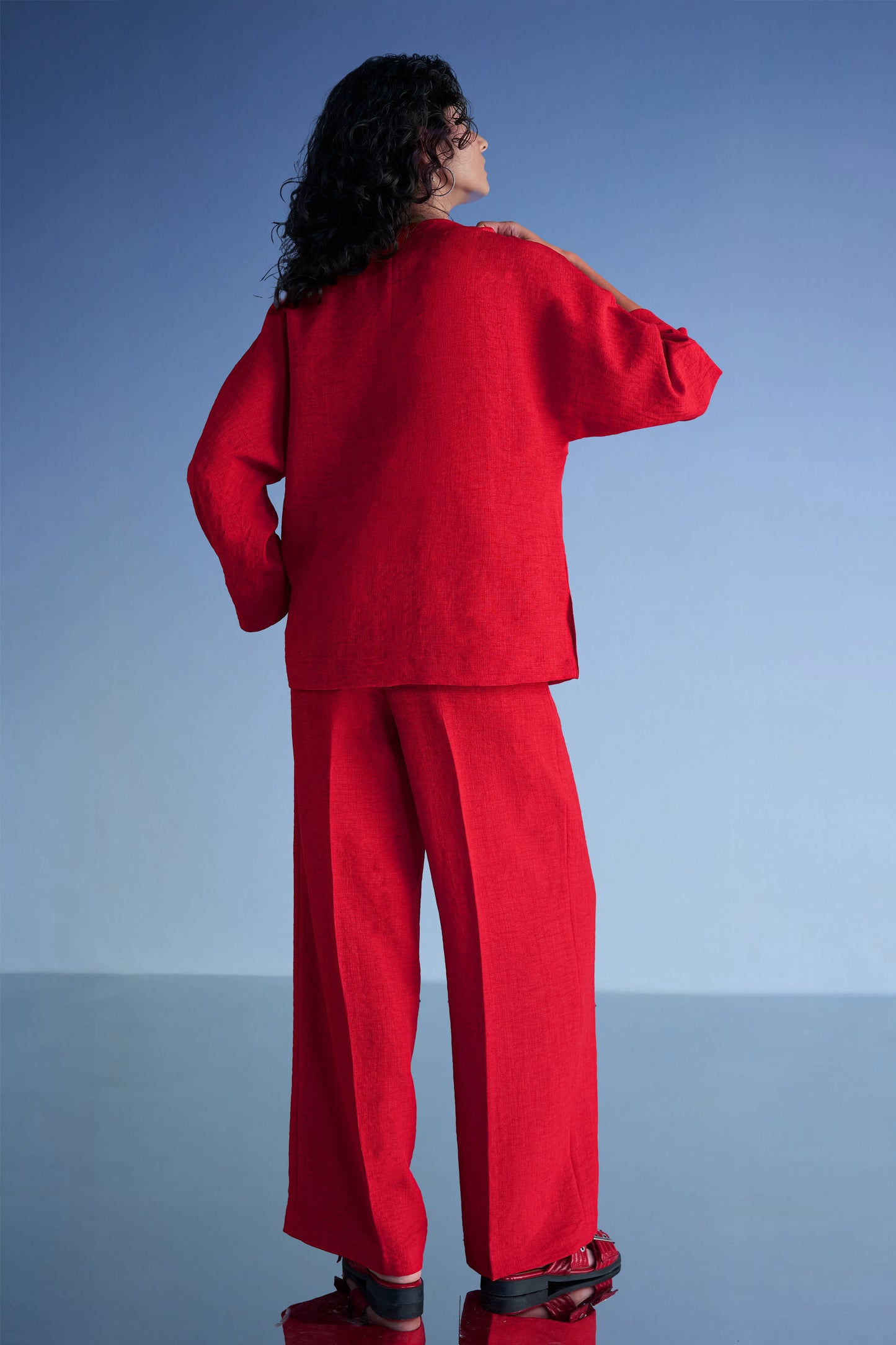 BUTTONED CUFF LINEN-TEXTURED SHIRT & WIDE-LEGGED PANT SET